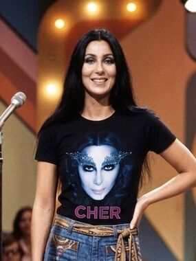 Cher Large Black Graphic Tee with Bold Face Print and Pink Text